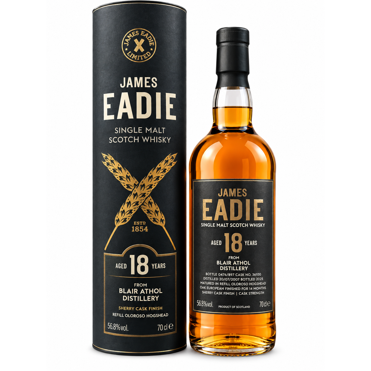 JAMES EADIE Blair Athol 18 anni Sherry Cask Finish 56,8% 70 cl – immagine prodotto su sfondo bianco