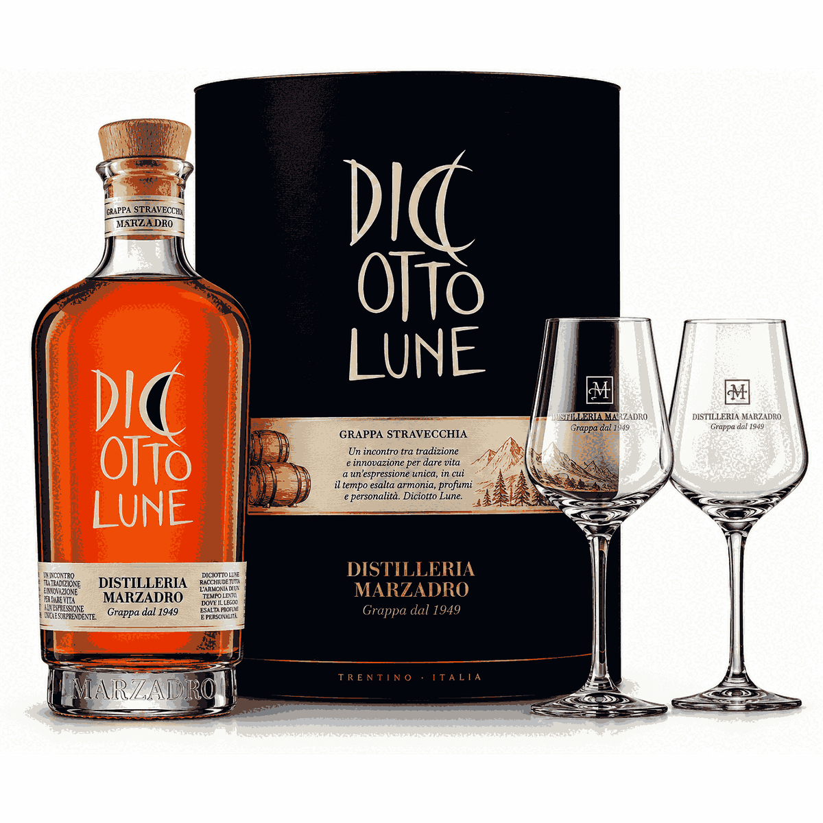 DISTILLERIA MARZADRO – CONFEZIONE DICIOTTO LUNE 50 CL CON 2 BICCHIERI