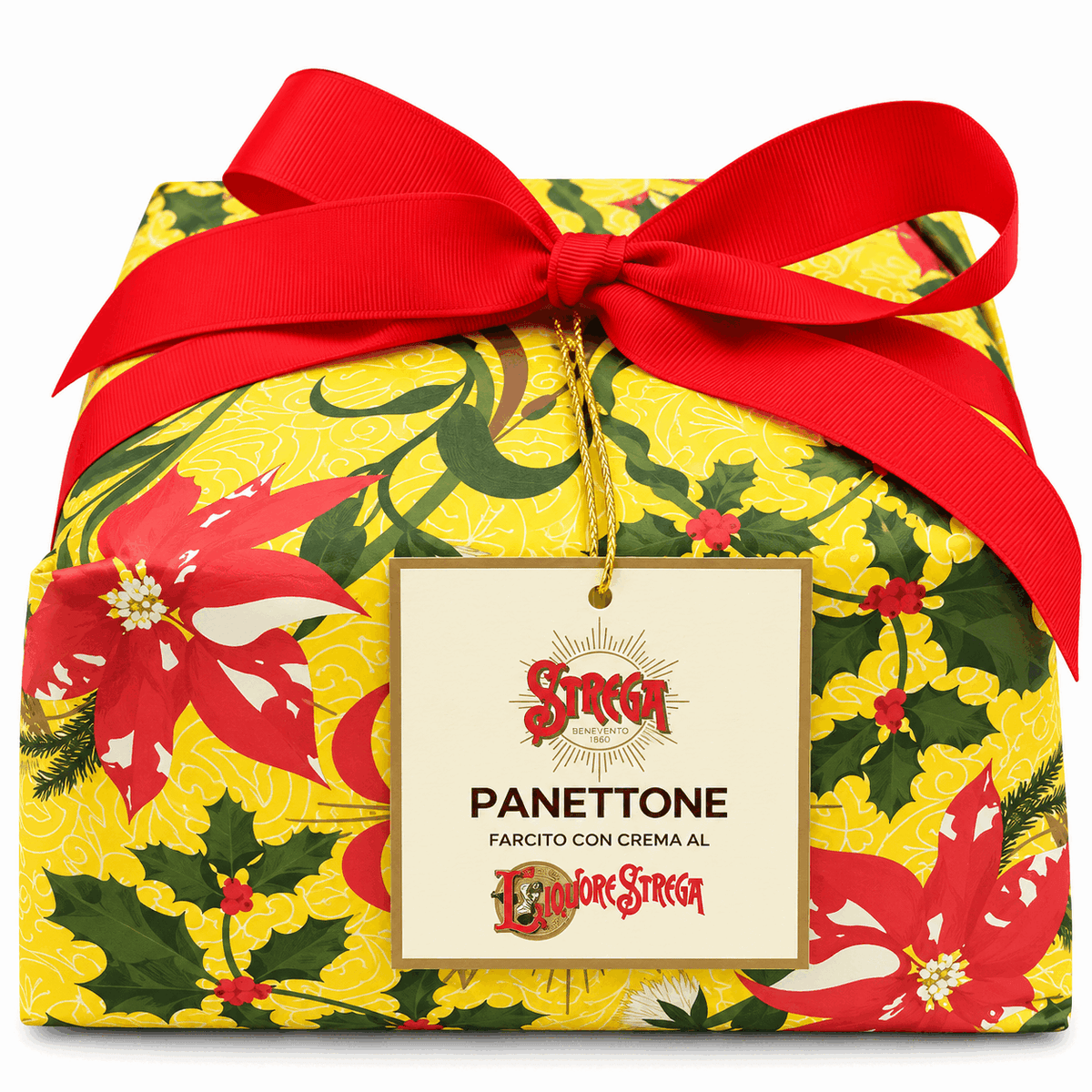 Strega Alberti Panettone Crema al Liquore Strega 1 kg, incarto giallo con fiocco rosso