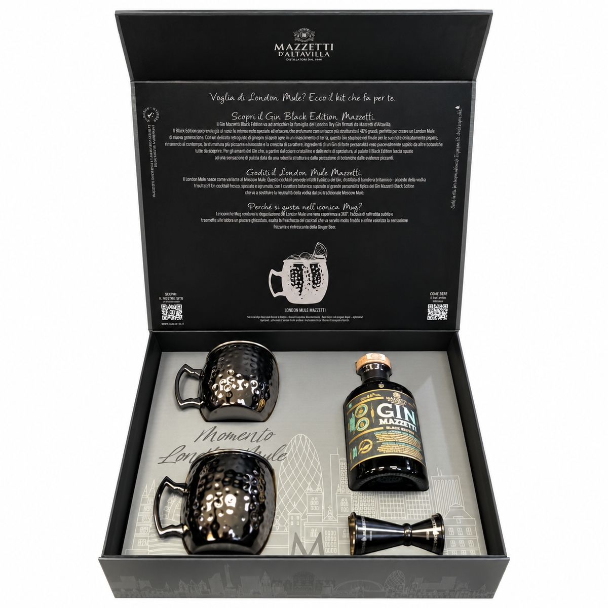 Mazzetti d'Altavilla Momento London Mule Gin Black Edition 46% 50 cl con 2 tazze Mule e jigger