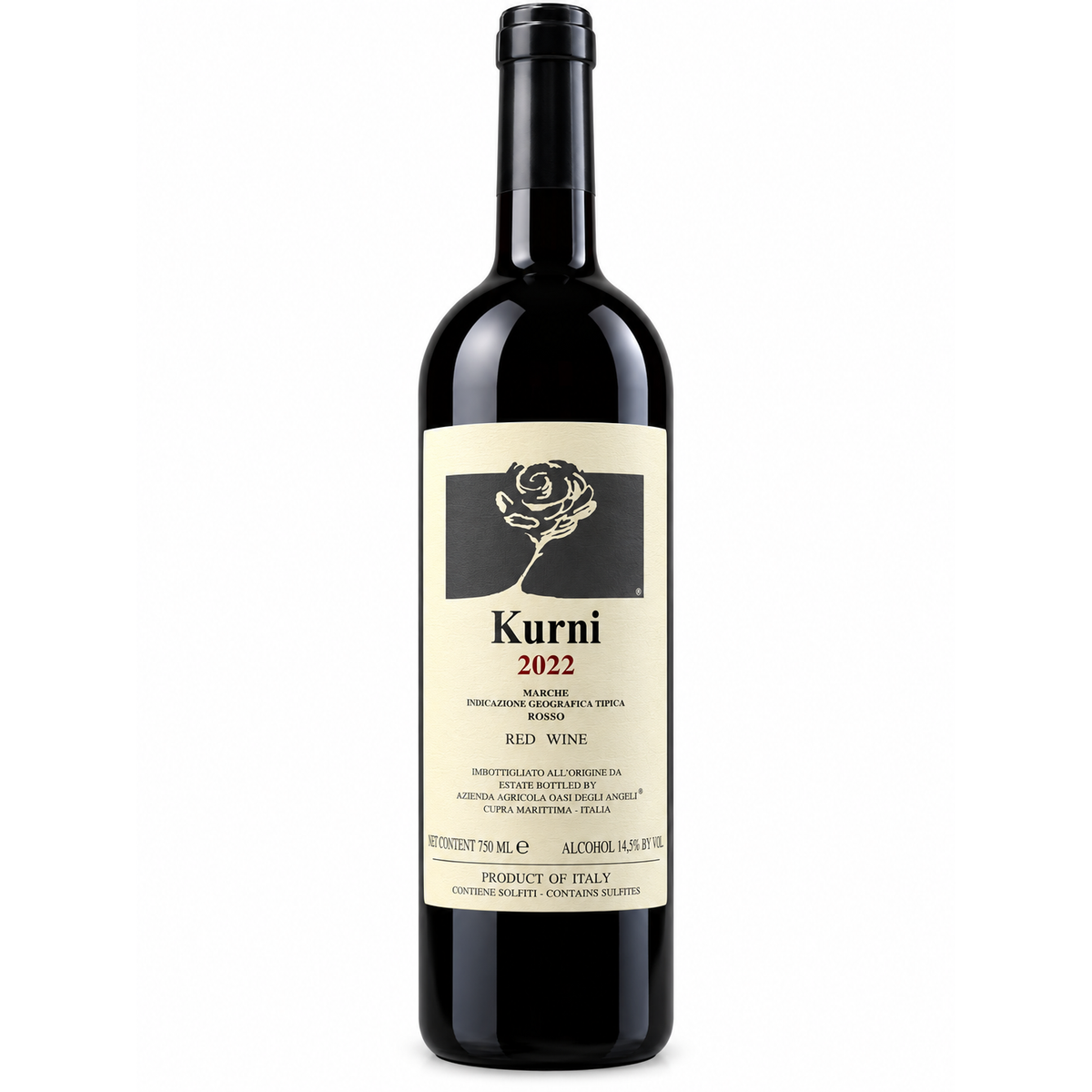 OASI DEGLI ANGELI Kurni Marche Rosso IGT 2022 0,75 L 14,5% Vol. – immagine prodotto su sfondo bianco