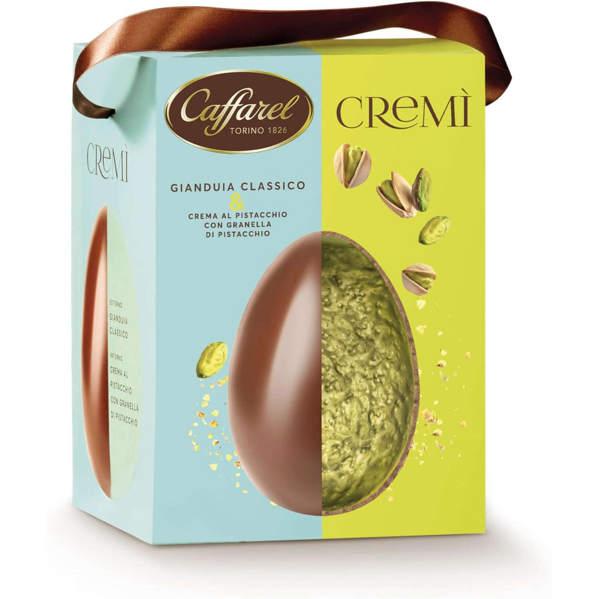 Caffarel Cremì uovo adulto doppio strato, cioccolato gianduia classico crema di pistacchio e granela di pistacchio salato, 420g