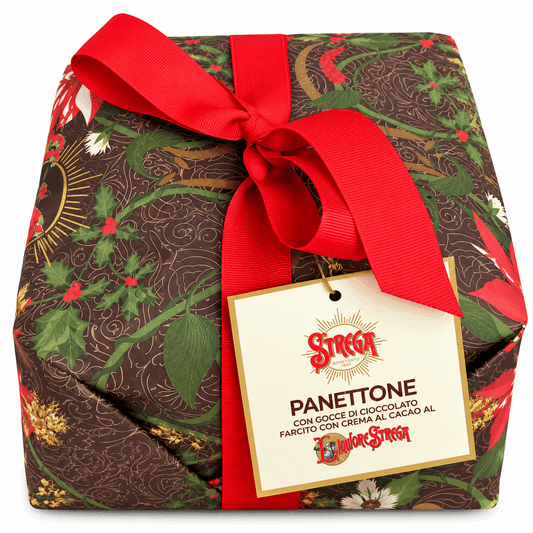 Strega Alberti Panettone al Cioccolato e Crema al Liquore Strega 1 kg, incarto marrone con fiocco rosso