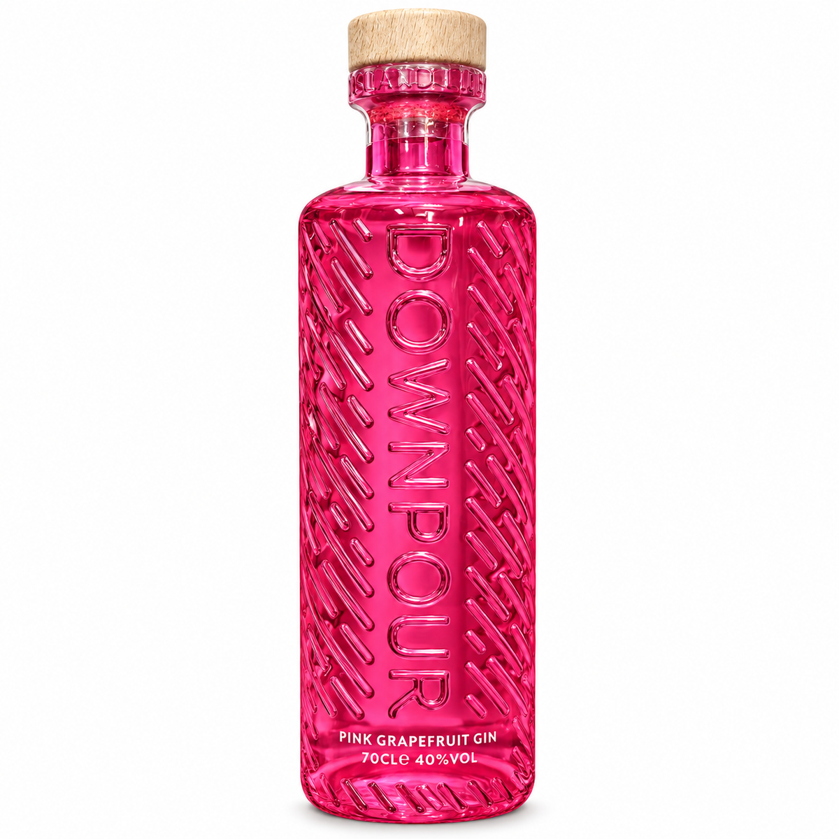 Downpour Pink Grapefruit Gin 70 cl 40% Vol. – bottiglia rosa su fondo bianco