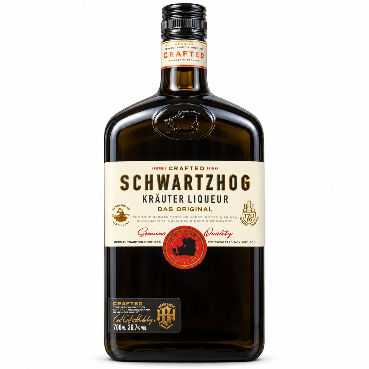 Schwartzhog Amaro alle Erbe 70 cl 36,7% Vol. – bottiglia su fondo bianco